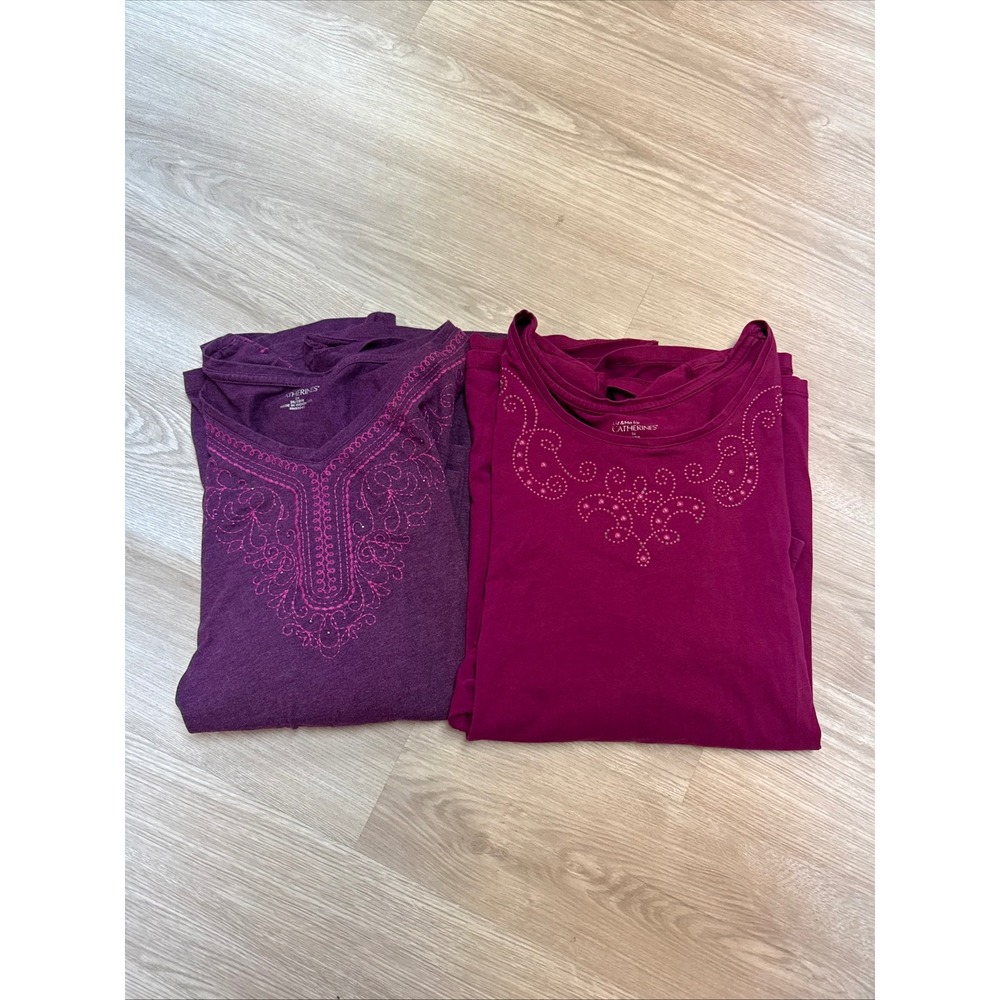 Catherines Womens 3X Plus Size Long Sleeve Knit Top Lot 2 Purple Magenta Studded
